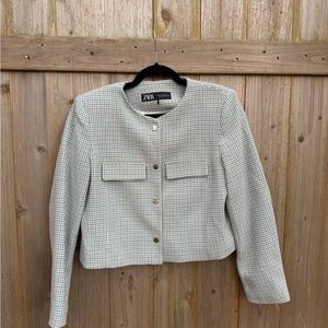 NWOT Zara Women's Cream, Teal and Brown Houndstooth Cropped Lined Blazer